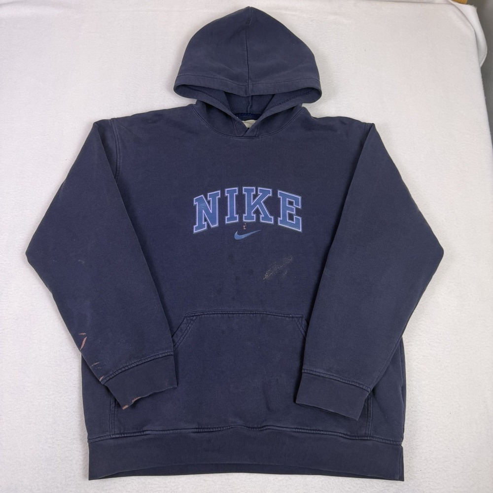 Vintage Nike Hoodie XXL Navy Blue Spell Out Center Swoosh Distressed 90s Y2K